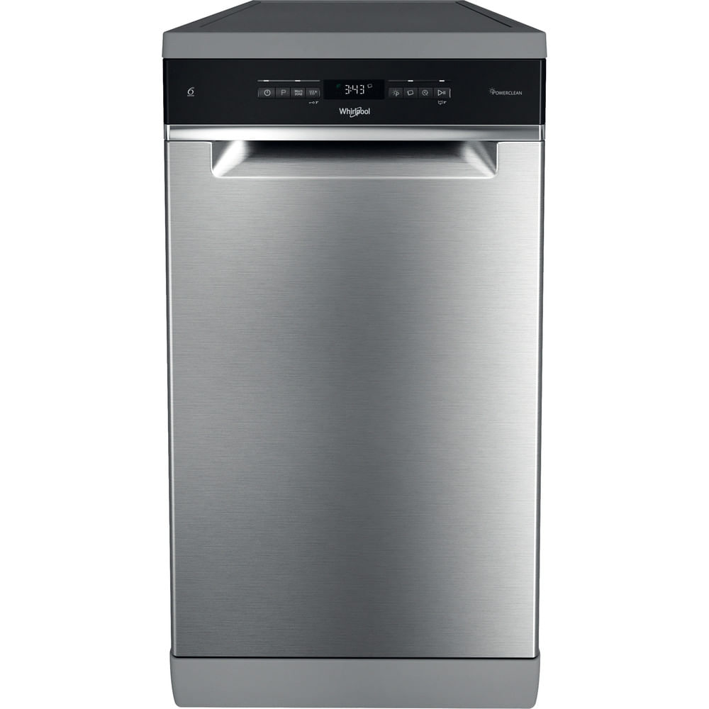 Egy rozsdamentes acél mosogatógép digitális kijelzővel és vezérlőgombokkal.