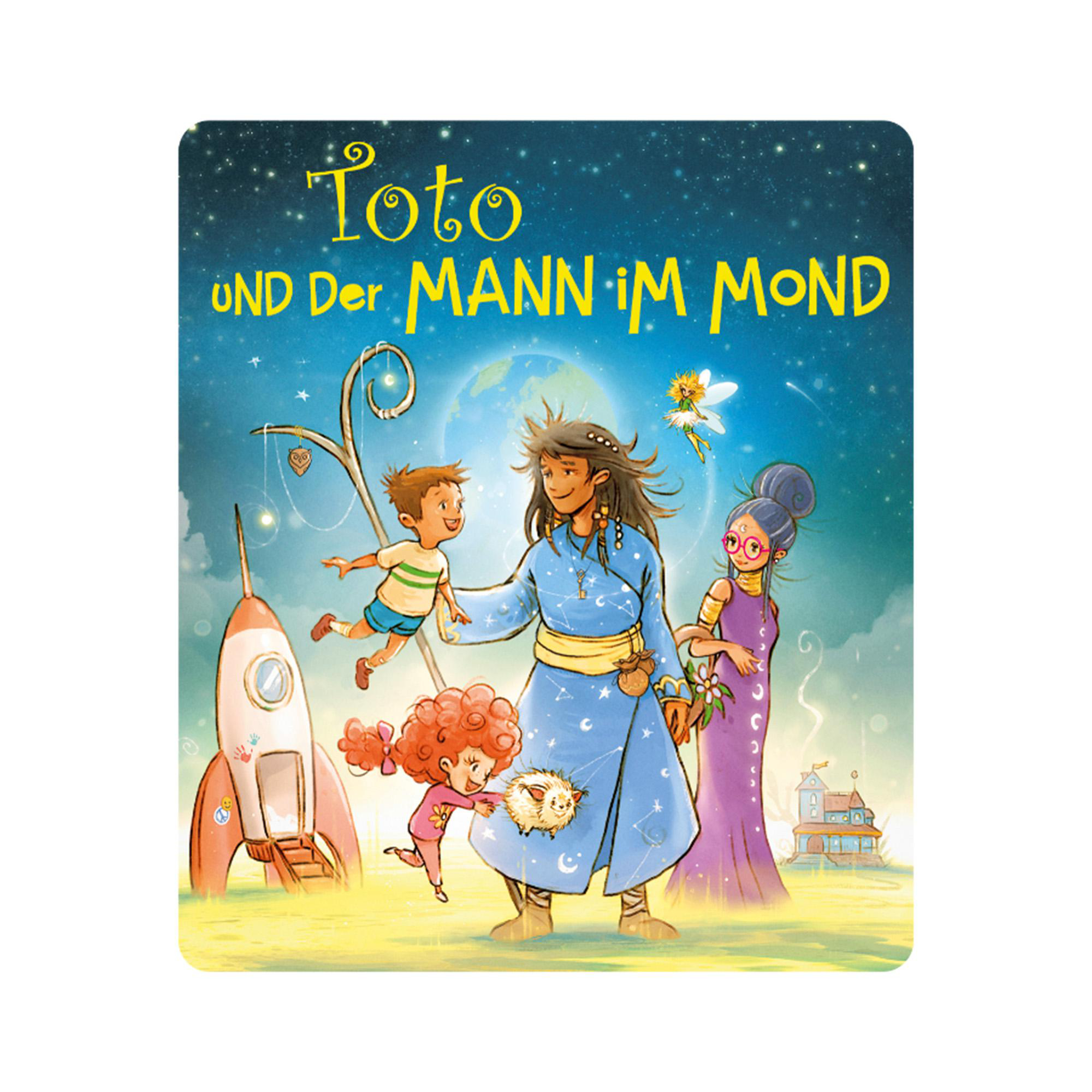 Eine Cartoon-Illustration eines Buchcovers mit drei Figuren und einer Rakete mit Sternen.