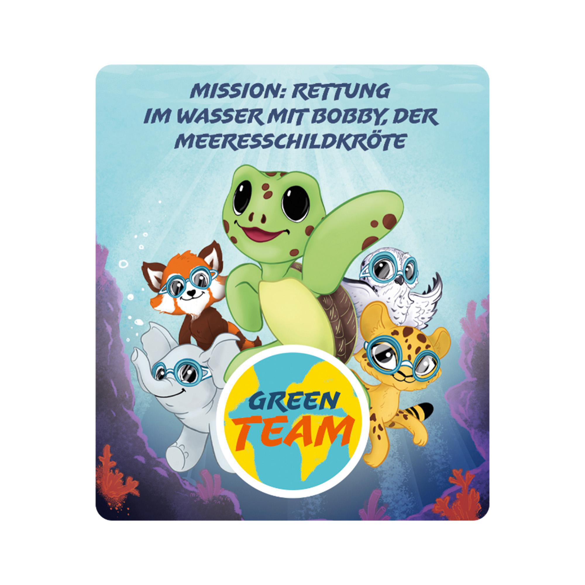 Cartoon-Poster: Schildkröte, Fuchs, Elefant, Eule und Gepard. 'Green Team' Logo, Unterwasserszene.