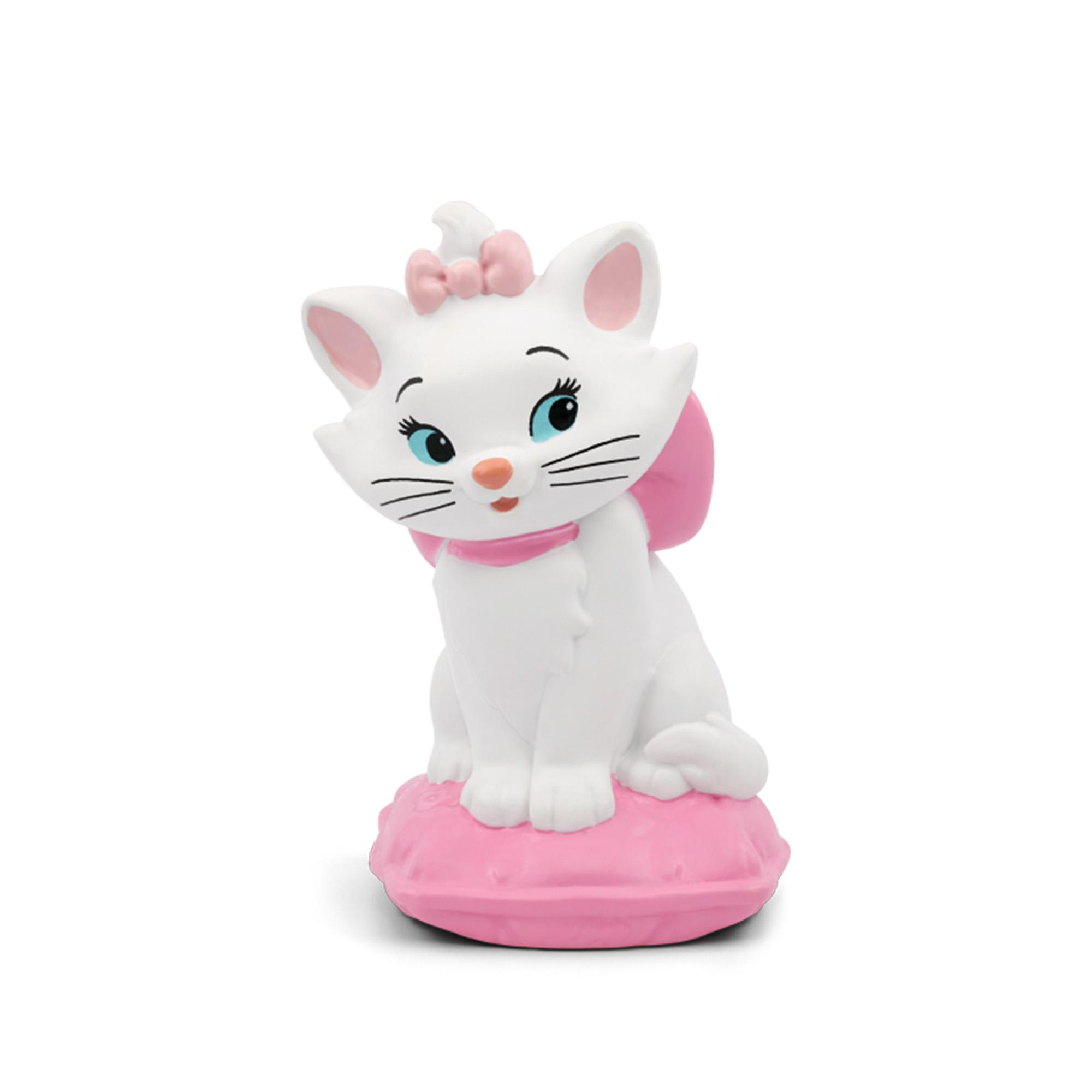 Eine weiße Katzenfigur, die auf einem rosa Kissen sitzt, mit einer rosa Schleife auf dem Kopf.