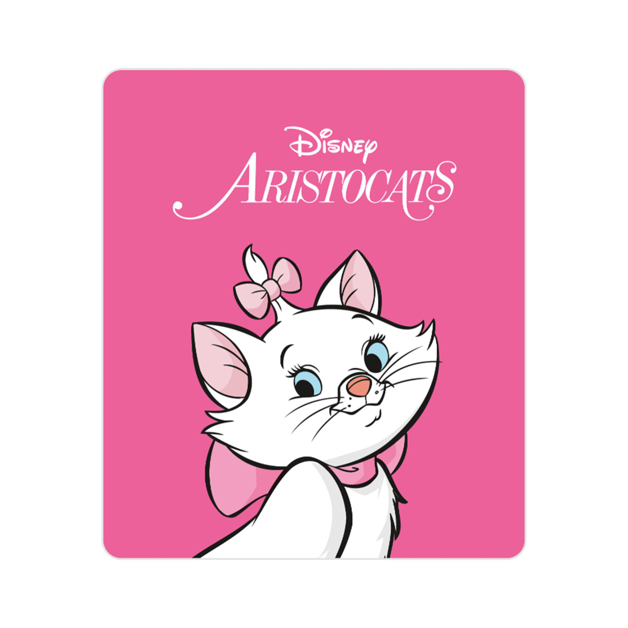 Marie, ein weißes Kätzchen mit rosa Schleife, auf rosa Hintergrund mit 'Disney Aristocats'.