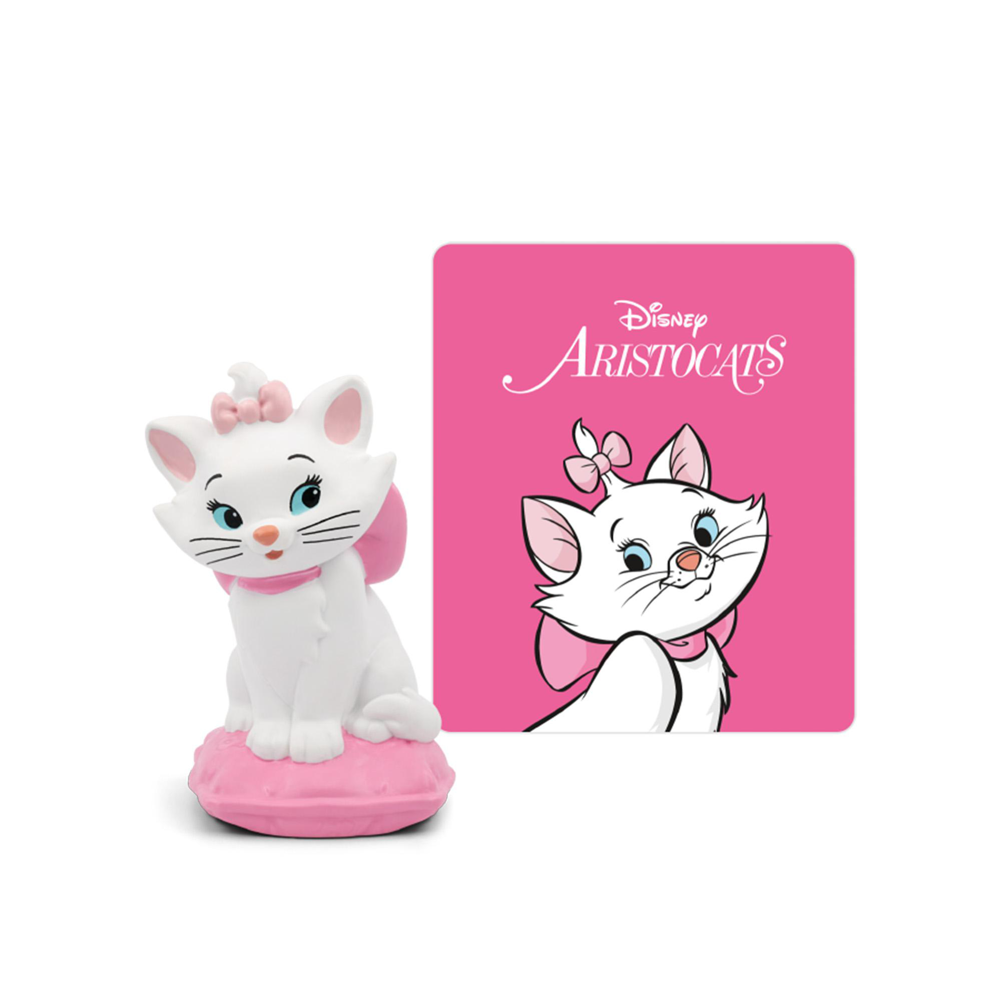 Disney Aristocats-Figur. Eine weiße Katze mit rosa Schleife. Ein rosa Hintergrund mit einer Zeichnung der Katze.