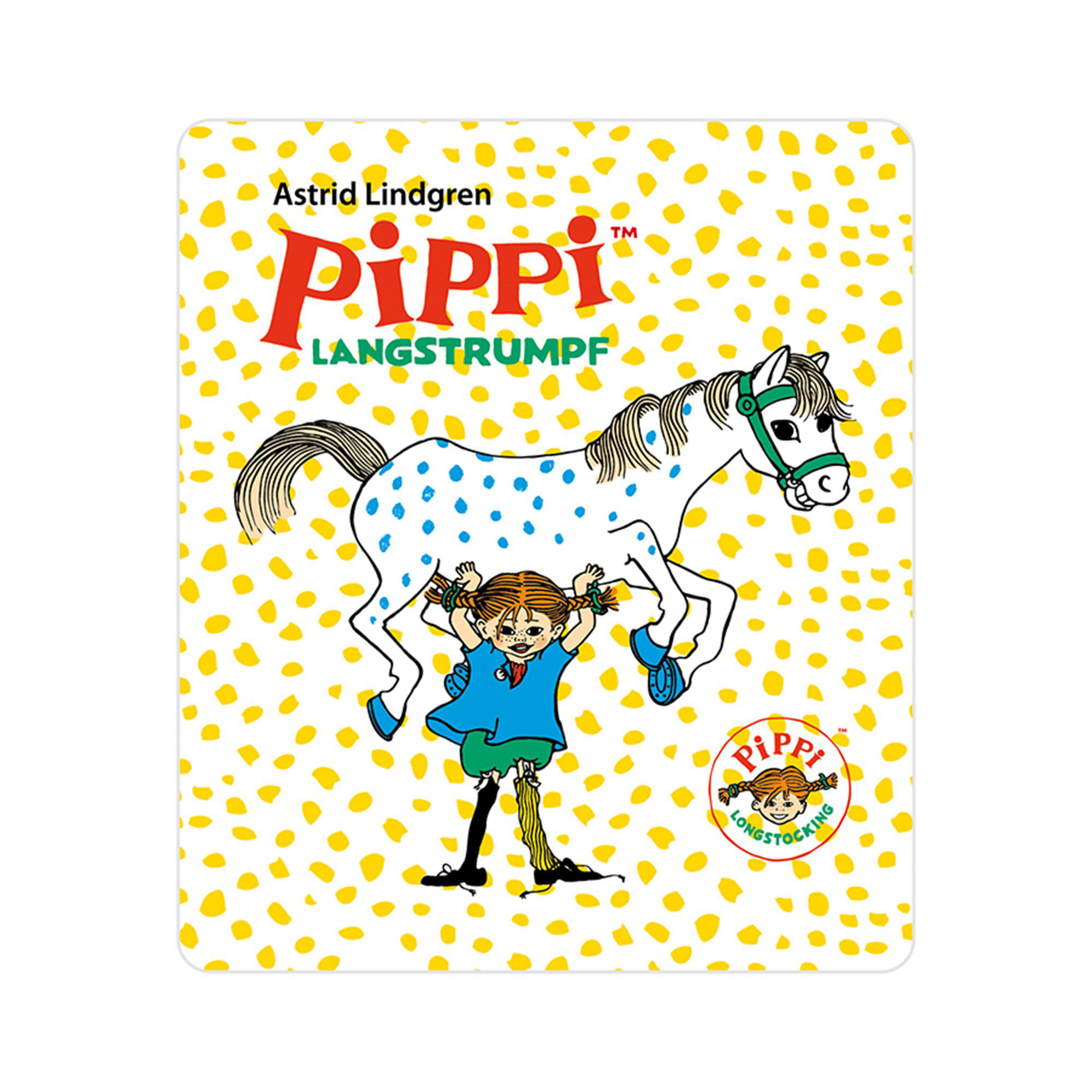 Illustration von Pippi Langstrumpf und Pferd mit blauen Punkten. Gelber Tupfenhintergrund. Text: Pippi Langstrumpf.
