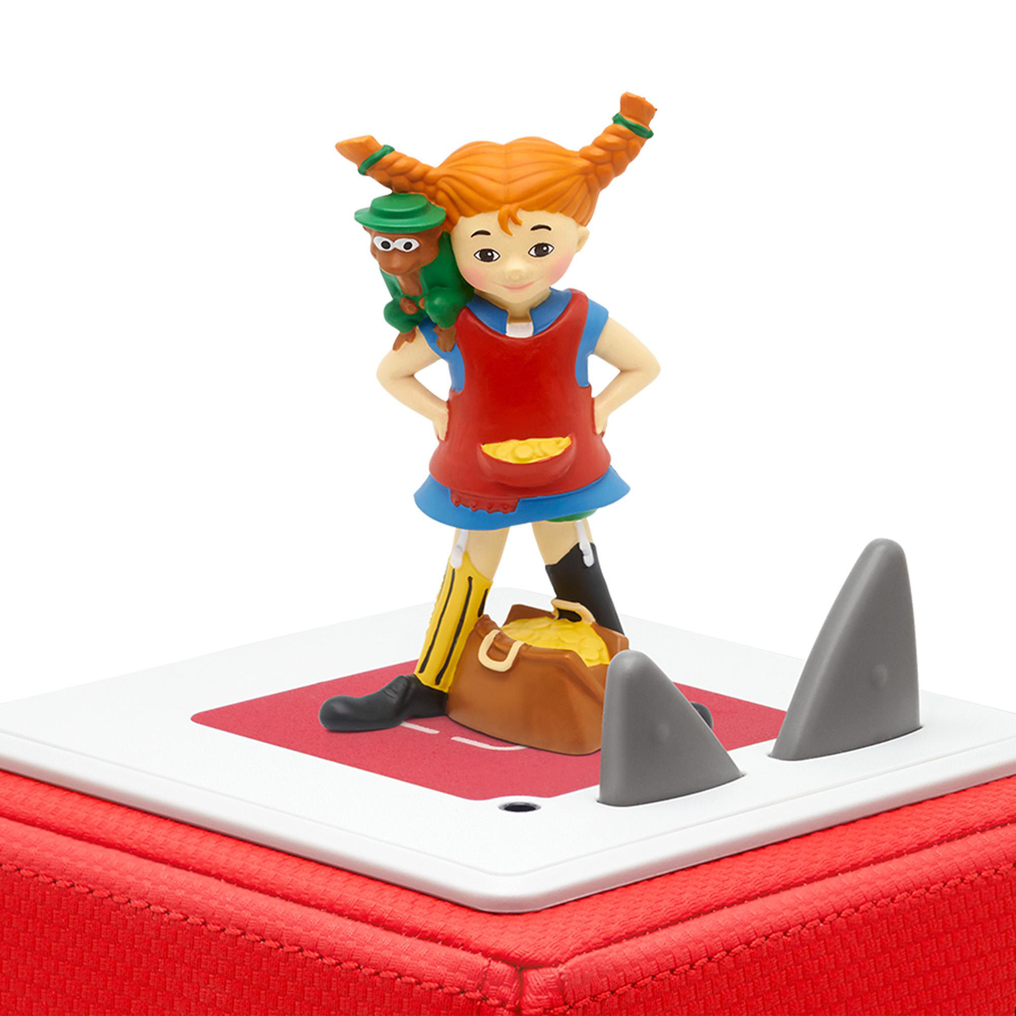 Eine Pippi Langstrumpf-Figur steht auf einer rot-weißen Basis mit Haifischflossen.