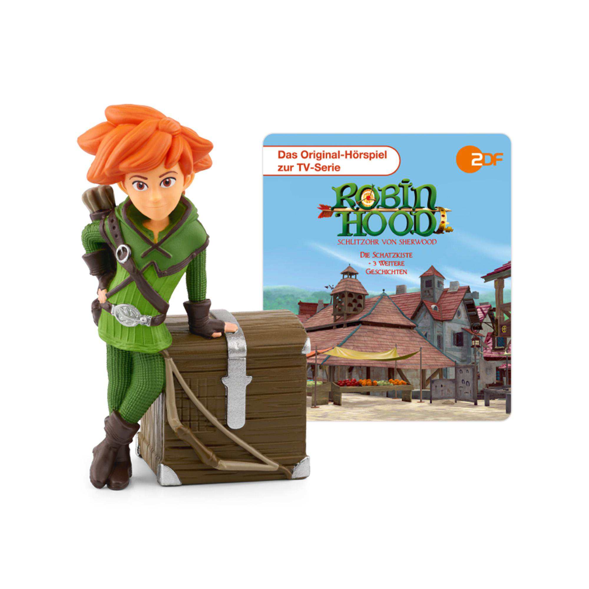 Eine Robin Hood-Figur mit einer Truhe und einem Robin Hood-Filmcover im Hintergrund.