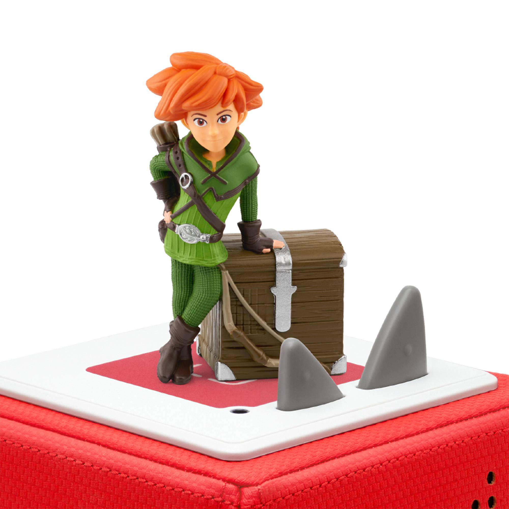 Eine Spielfigur mit Bogen steht neben einer Holzkiste, mit Haifischflossen auf roter und weißer Basis.