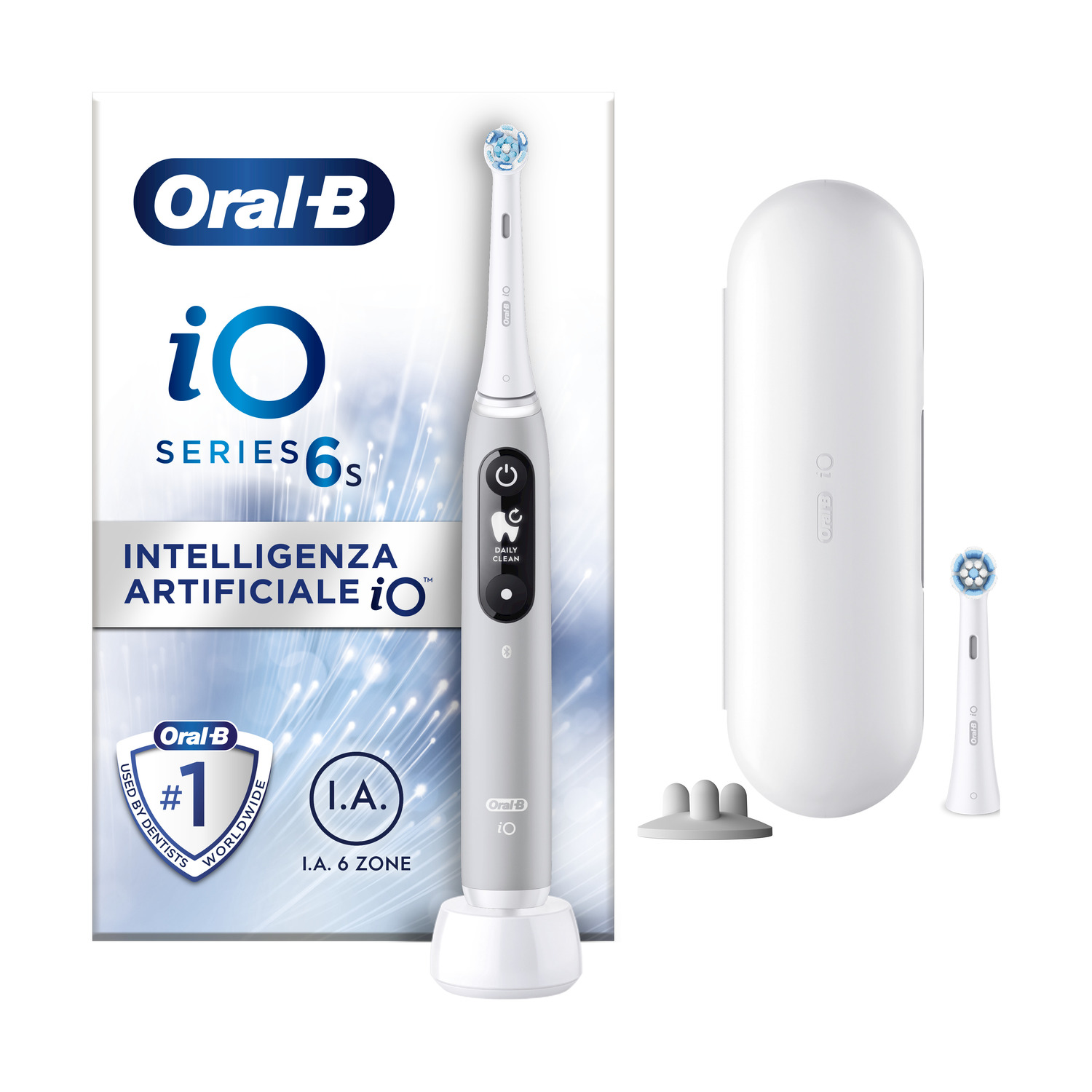 Spazzolino elettrico Oral-B iO Series 6s con accessori, su sfondo bianco.