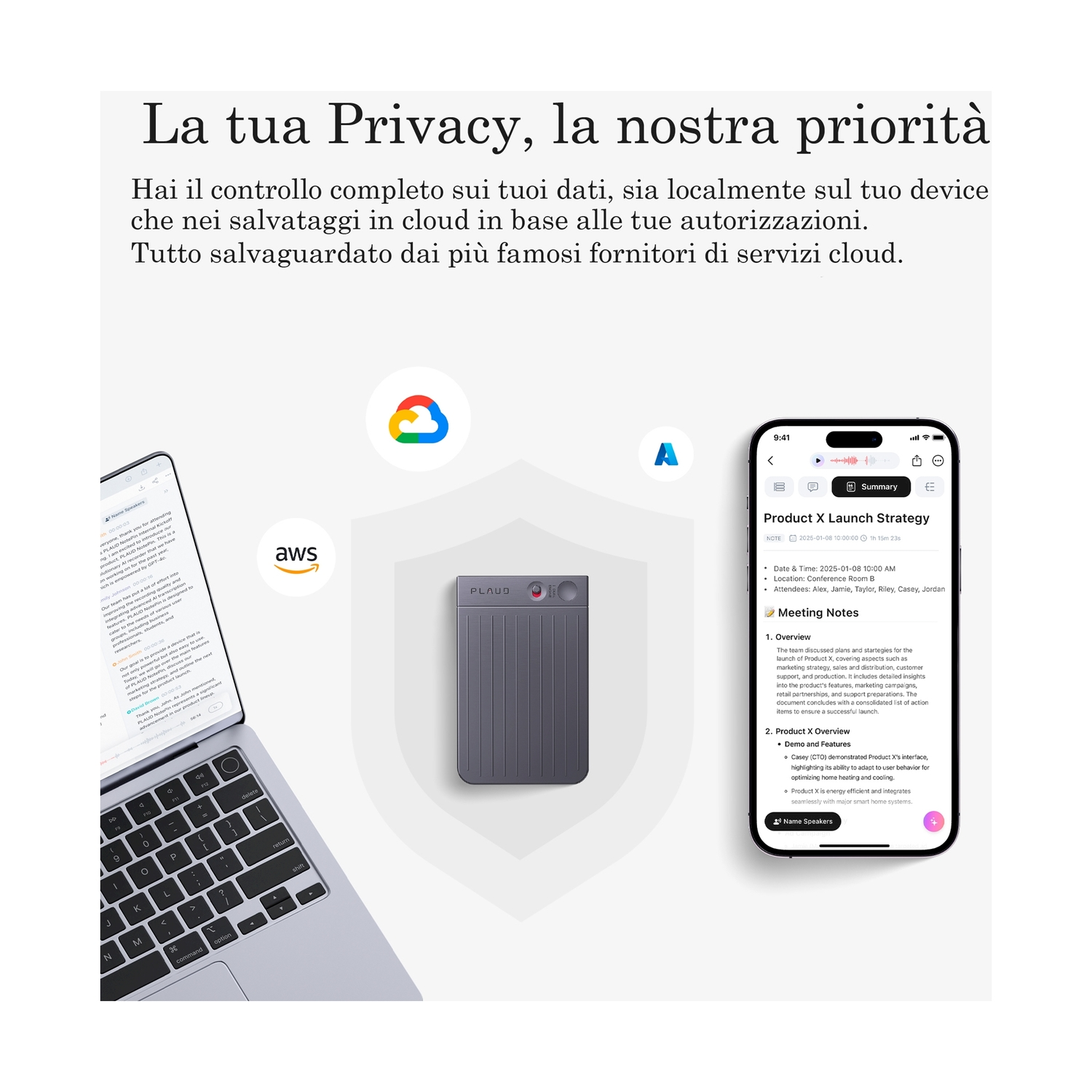 Laptop e telefono con prodotto, icone cloud e testo sulla privacy dei dati.