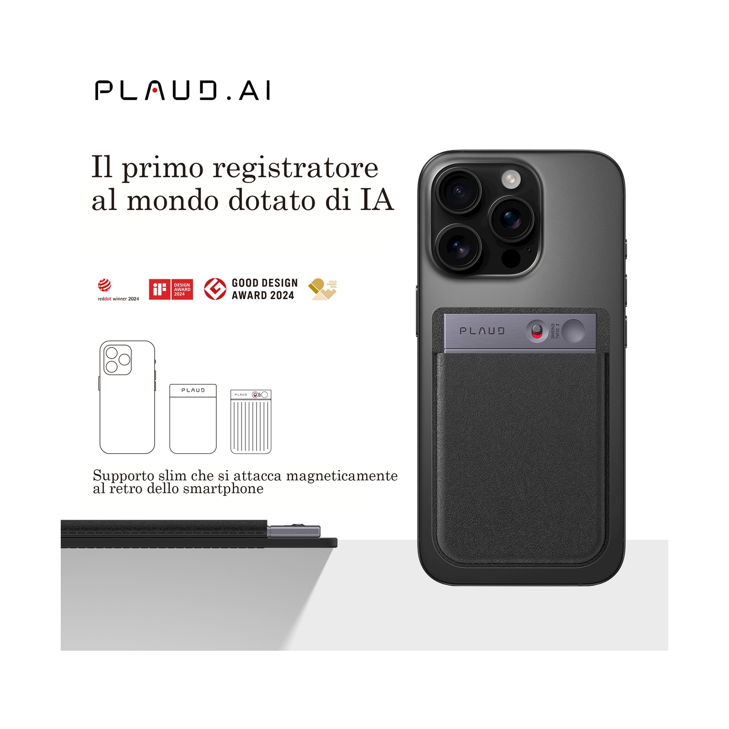 Smartphone nero con custodia e portacarte allegato. Testo in italiano.