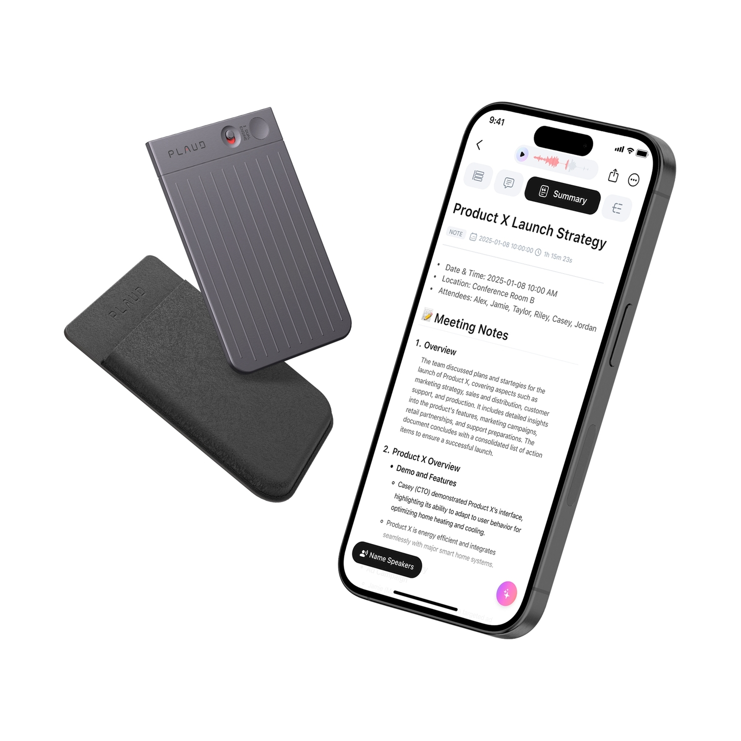 Telefono e dispositivo grigi. Il telefono mostra un ordine del giorno della riunione, dispositivo grigio con marchio PLUG.