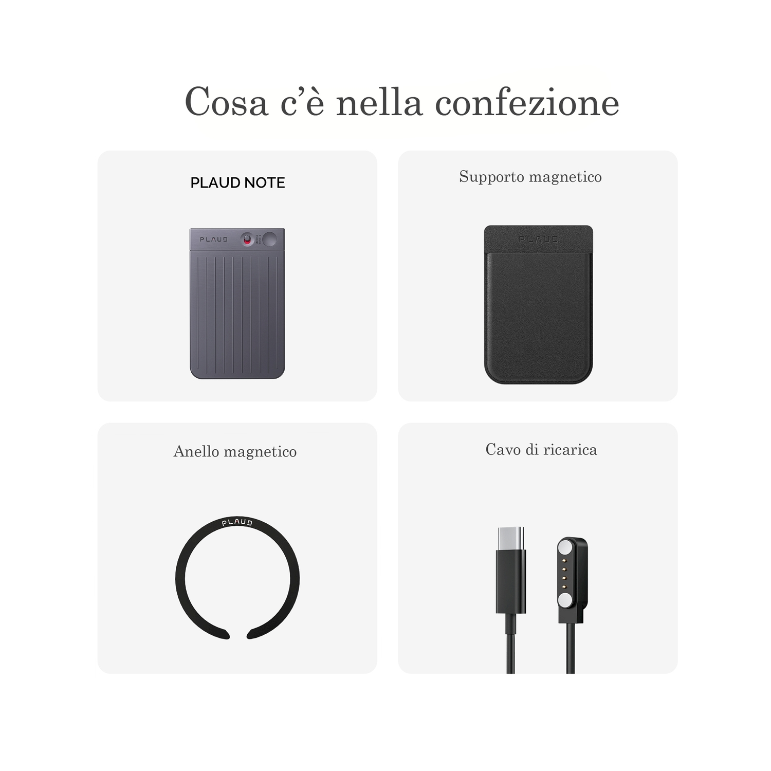 Illustrazione che mostra il contenuto di una confezione: un appunto, un supporto magnetico, un anello e un cavo di ricarica.