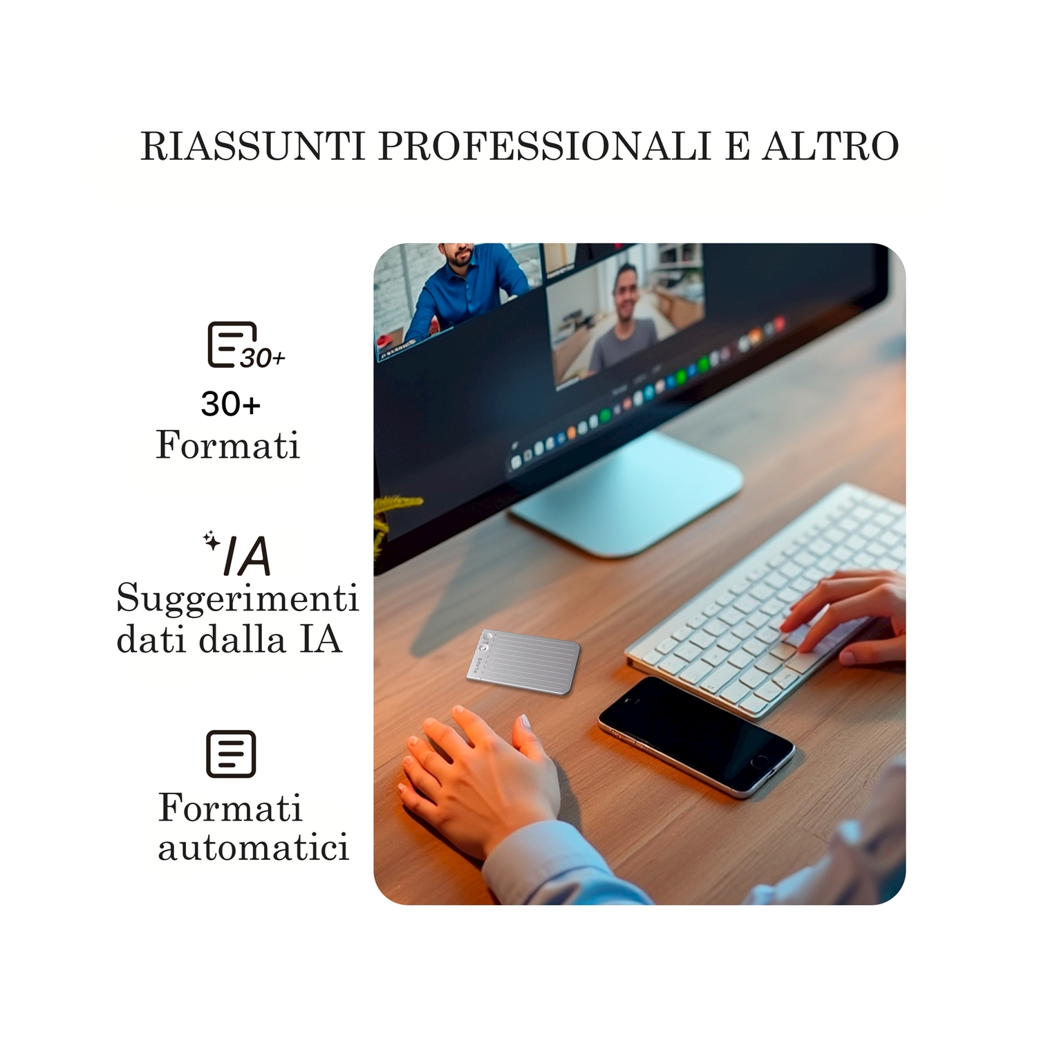 Un'immagine con testo e icone su riassunti professionali e altro, con schermo, tastiera e telefono.