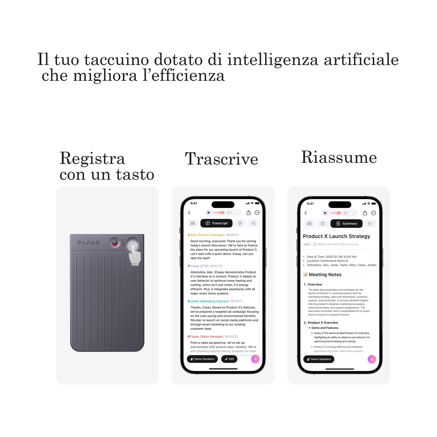 Tre schermi del telefono che mostrano registrazione, trascrizione e riepilogo con un tablet a sinistra.