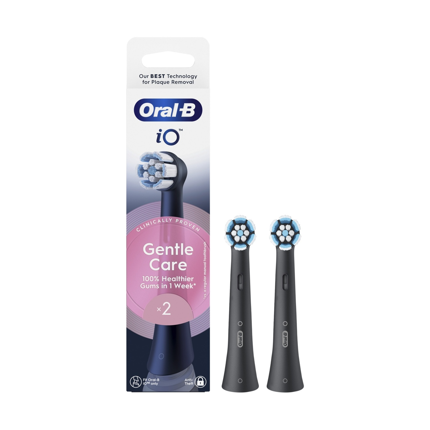 Due testine per spazzolino Oral-B iO nere in una confezione. Sfondo bianco.