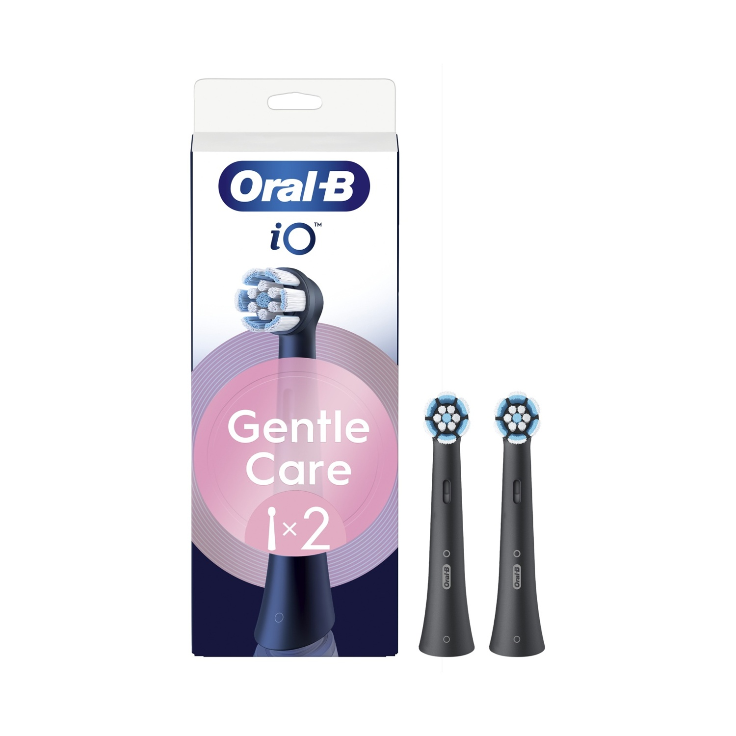 Due testine per spazzolino Oral-B iO nere in una scatola. La scatola ha l'immagine di una testina.