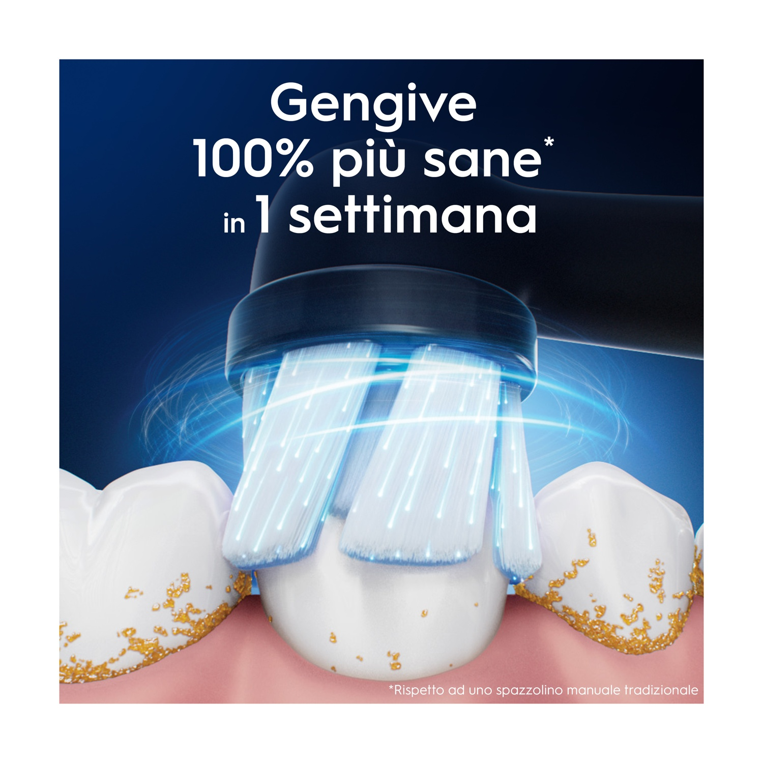 Primo piano di una testina di spazzolino elettrico che pulisce i denti, con testo su gengive più sane.