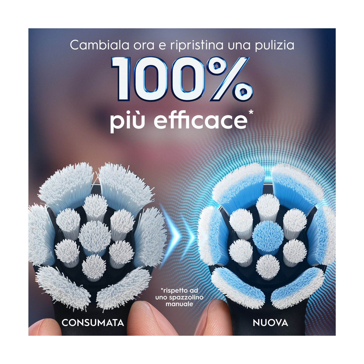 Due testine per spazzolino, una usurata, una nuova. Il testo dice '100% più efficace'.