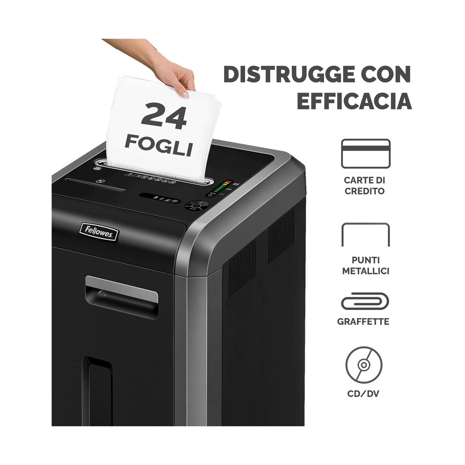 Un distruggidocumenti nero con una mano che inserisce carta. Vengono visualizzate varie icone.