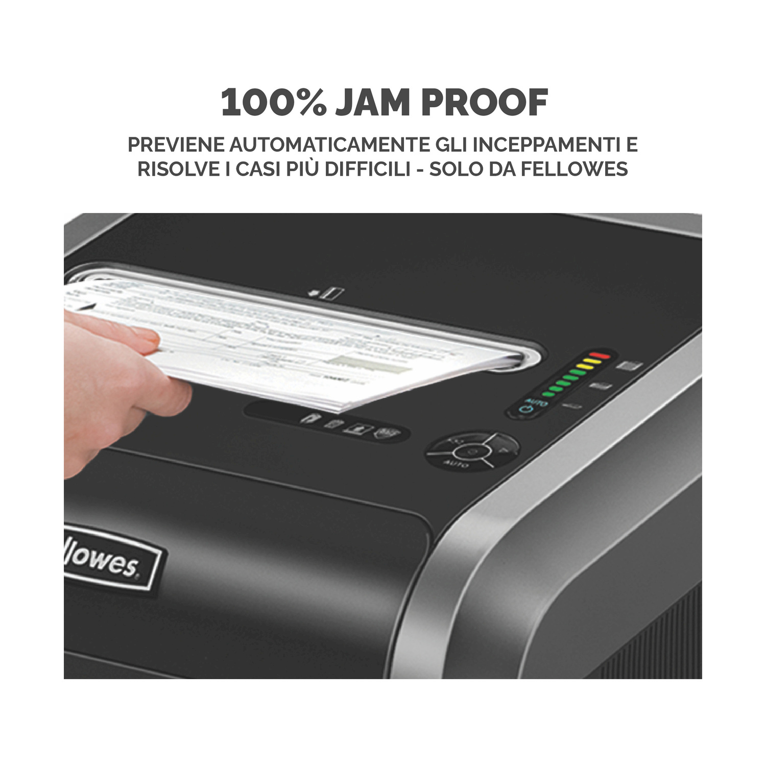 L'immagine mostra un tritacarte con una mano che inserisce un documento. Il testo in alto dice '100% JAM PROOF'.