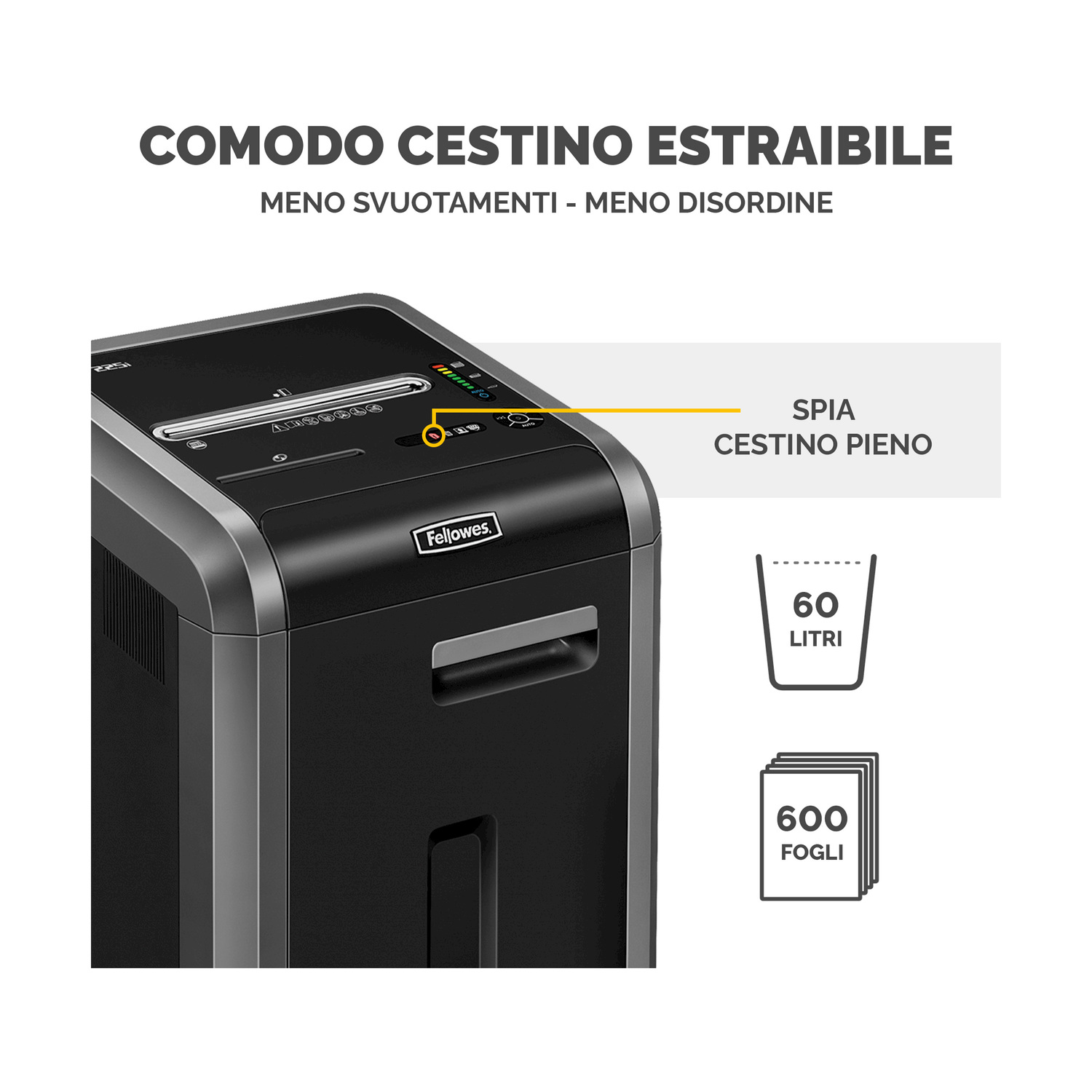 Distruggidocumenti nero con testo e grafici che indicano la capacità. Il contenitore è pieno.
