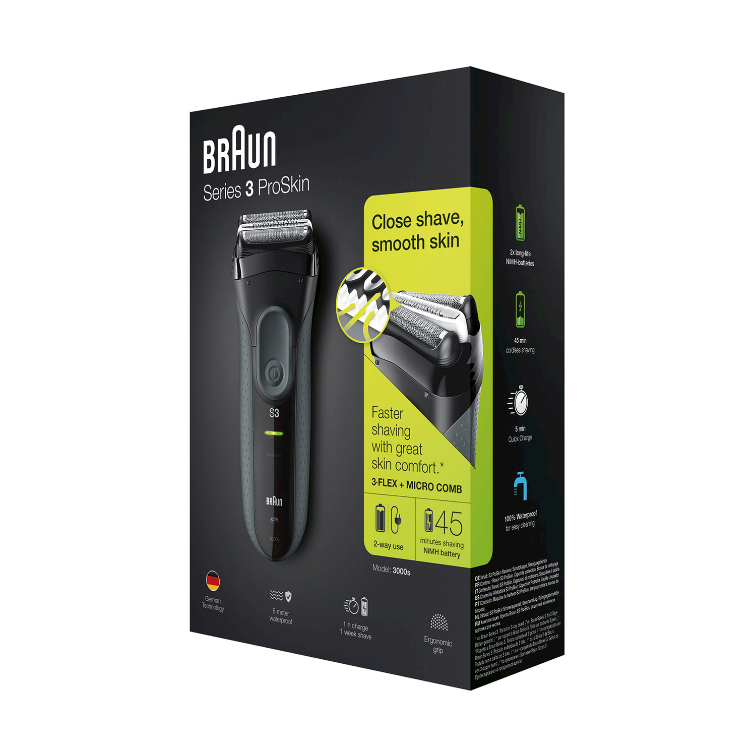 Scatola del rasoio elettrico Braun Series 3 ProSkin. La scatola presenta il rasoio e le informazioni sul prodotto.
