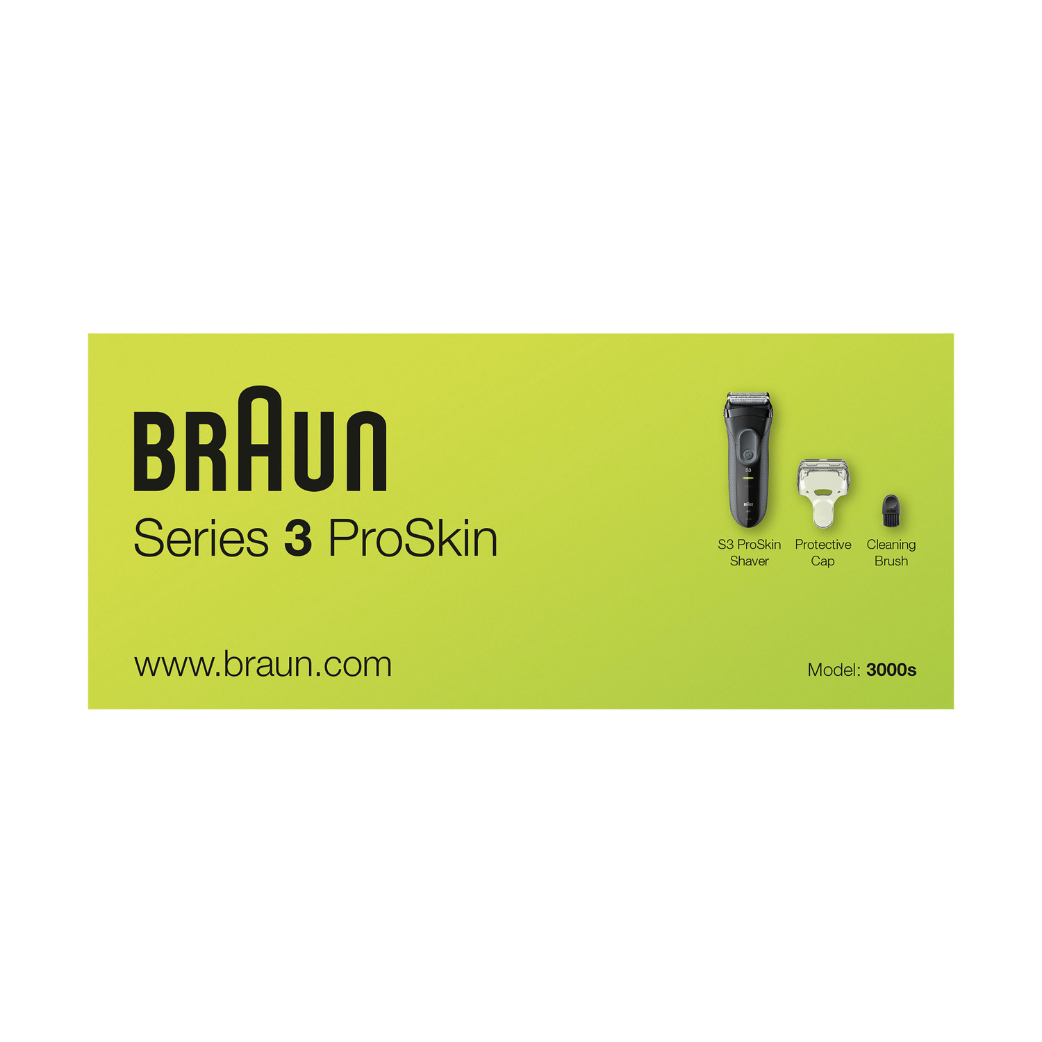 Pubblicità Braun Series 3 ProSkin che mostra un rasoio, una spazzola per la pulizia e un cappuccio.