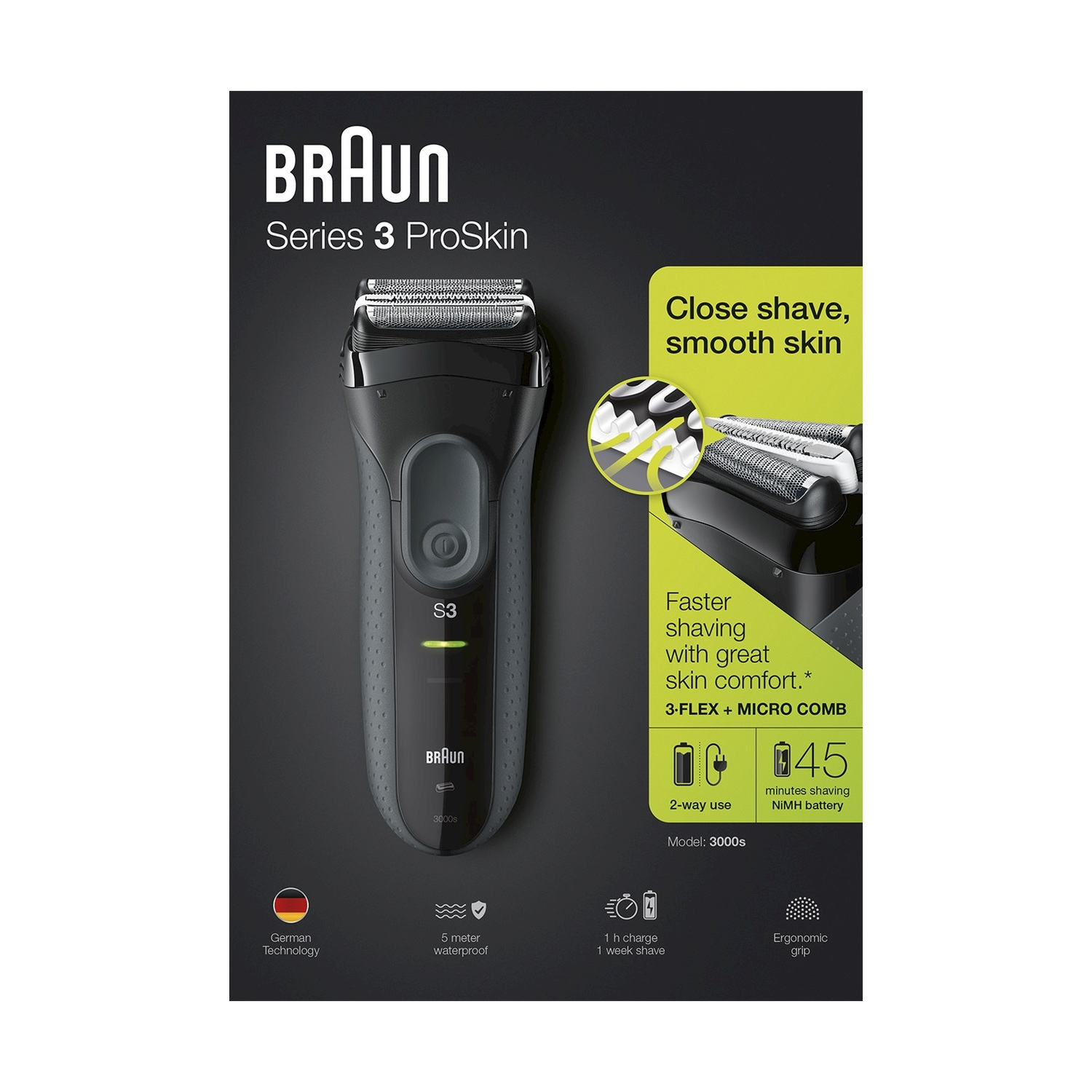 Rasoio elettrico Braun Series 3 ProSkin con design nero e grigio su sfondo bianco.