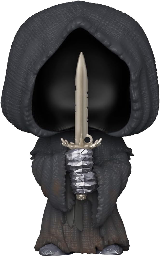 Figura Funko Pop de un personaje encapuchado sosteniendo una daga.