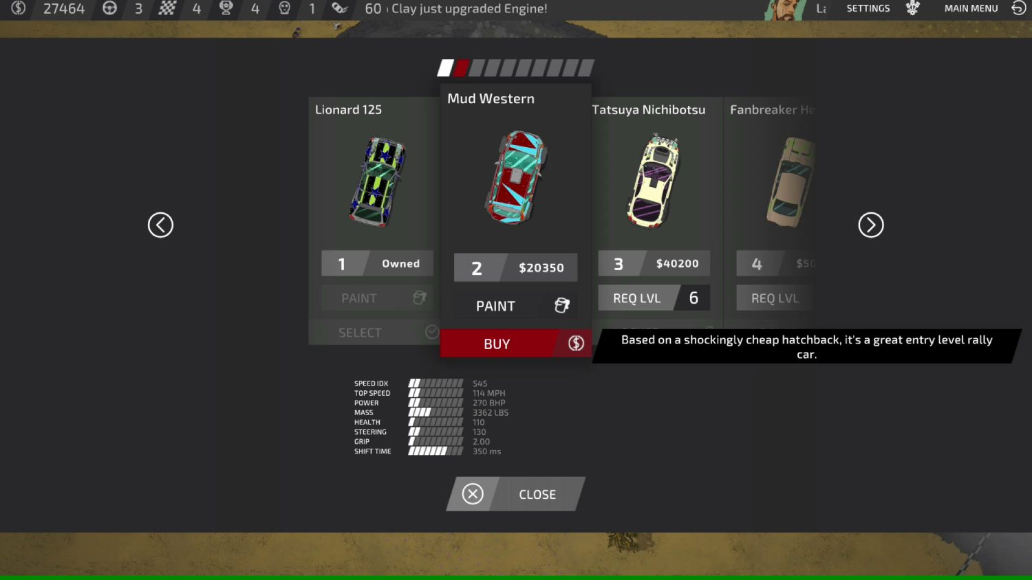 Pantalla de juego de carreras. Coches con diferentes colores y nombres. Botón comprar y estadísticas.