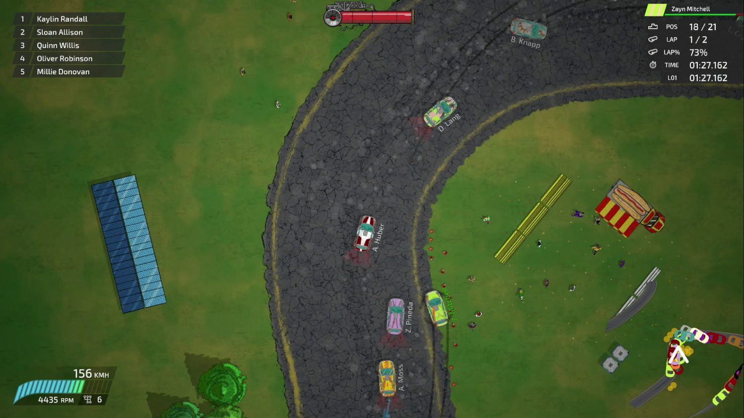 Vista superior de un juego de carreras, múltiples coches en una pista.