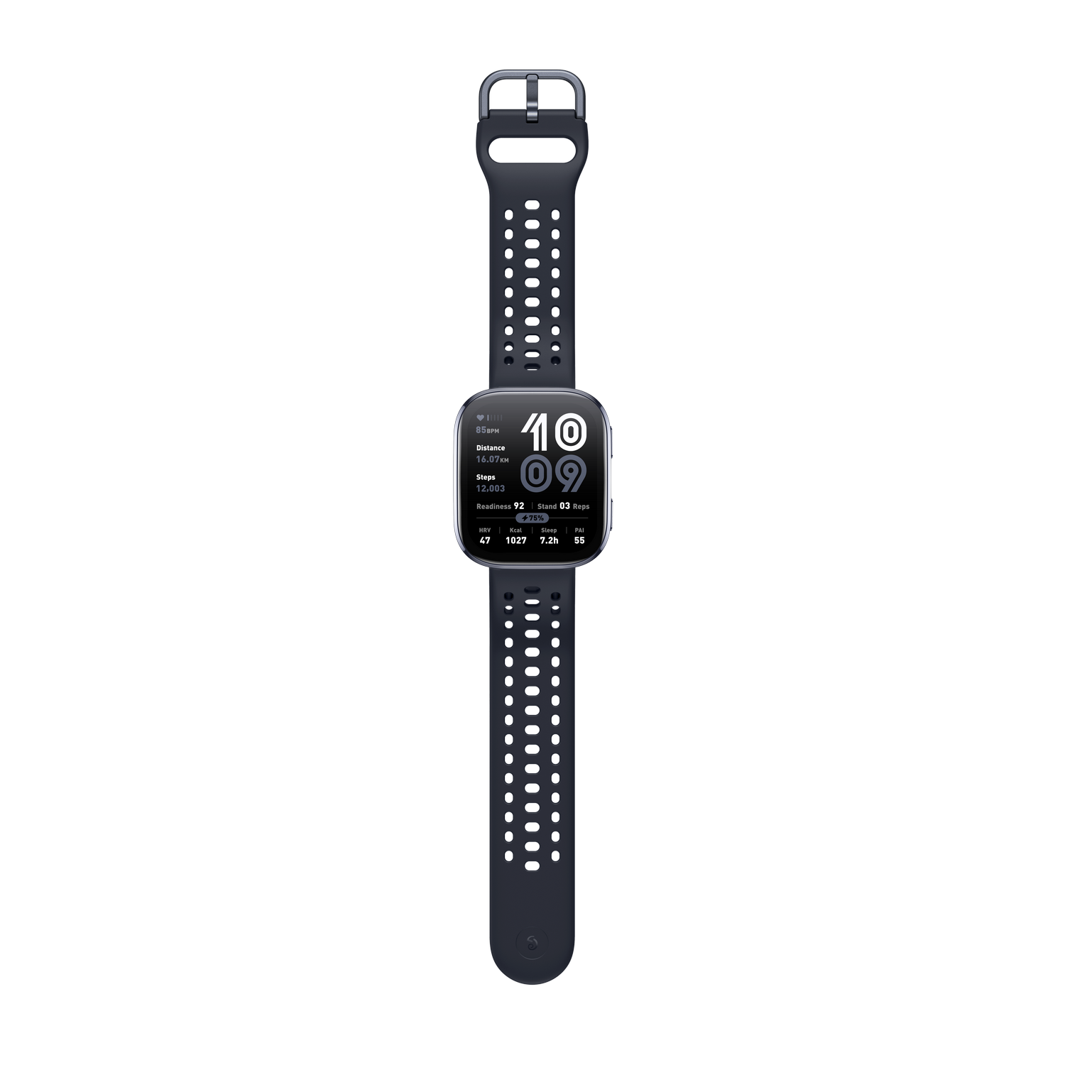 Reloj inteligente con una banda negra, mostrando la hora y datos de fitness.
