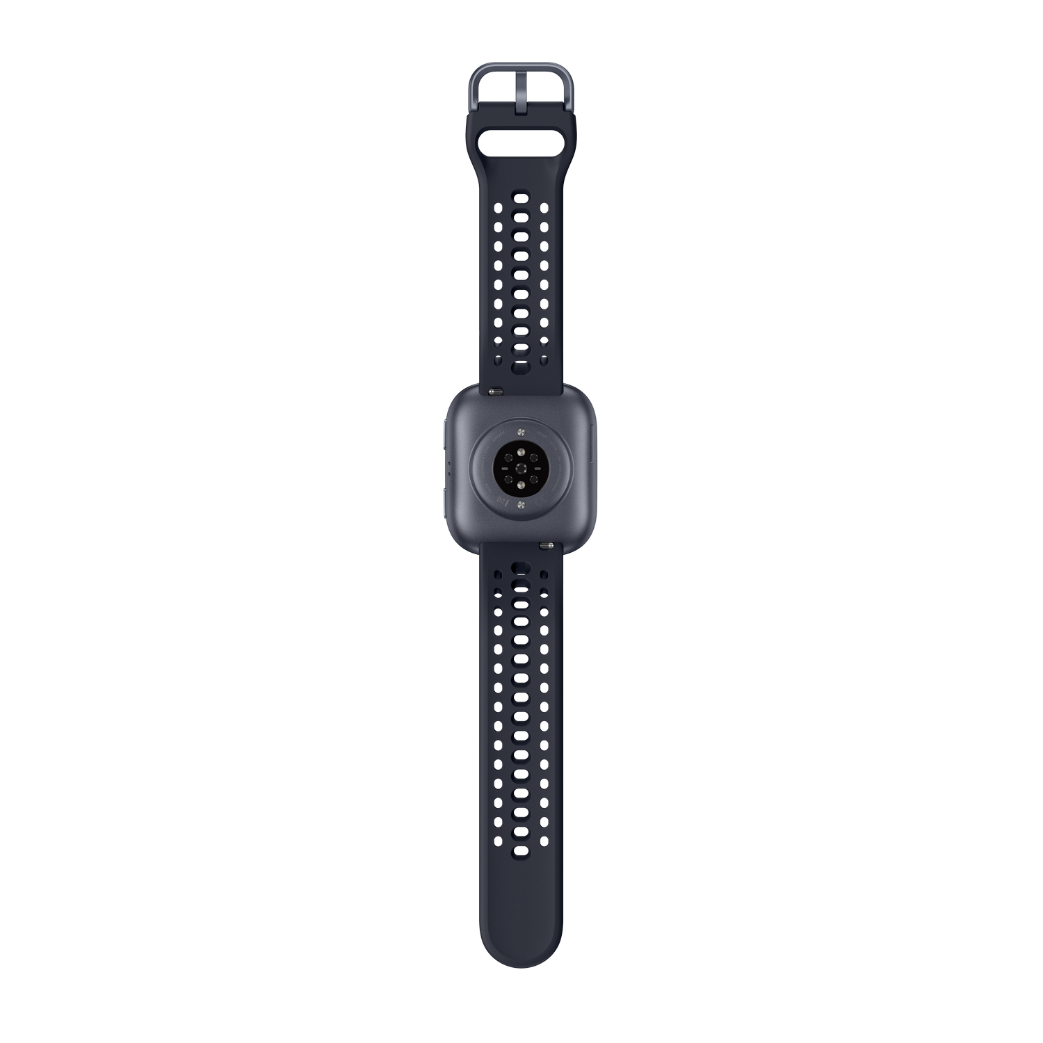 Un reloj inteligente negro, con una correa oscura y un sensor en la parte trasera.
