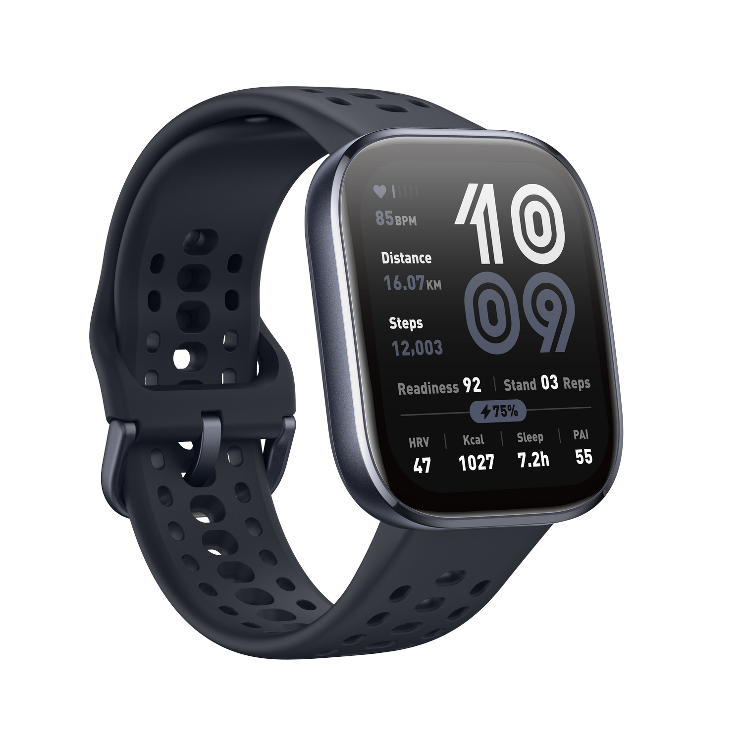 Reloj inteligente negro con banda oscura, muestra métricas de fitness en pantalla.