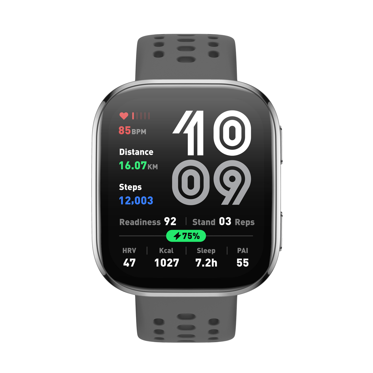 Un reloj inteligente gris muestra métricas de salud: frecuencia cardíaca, distancia, pasos, preparación, tiempo.