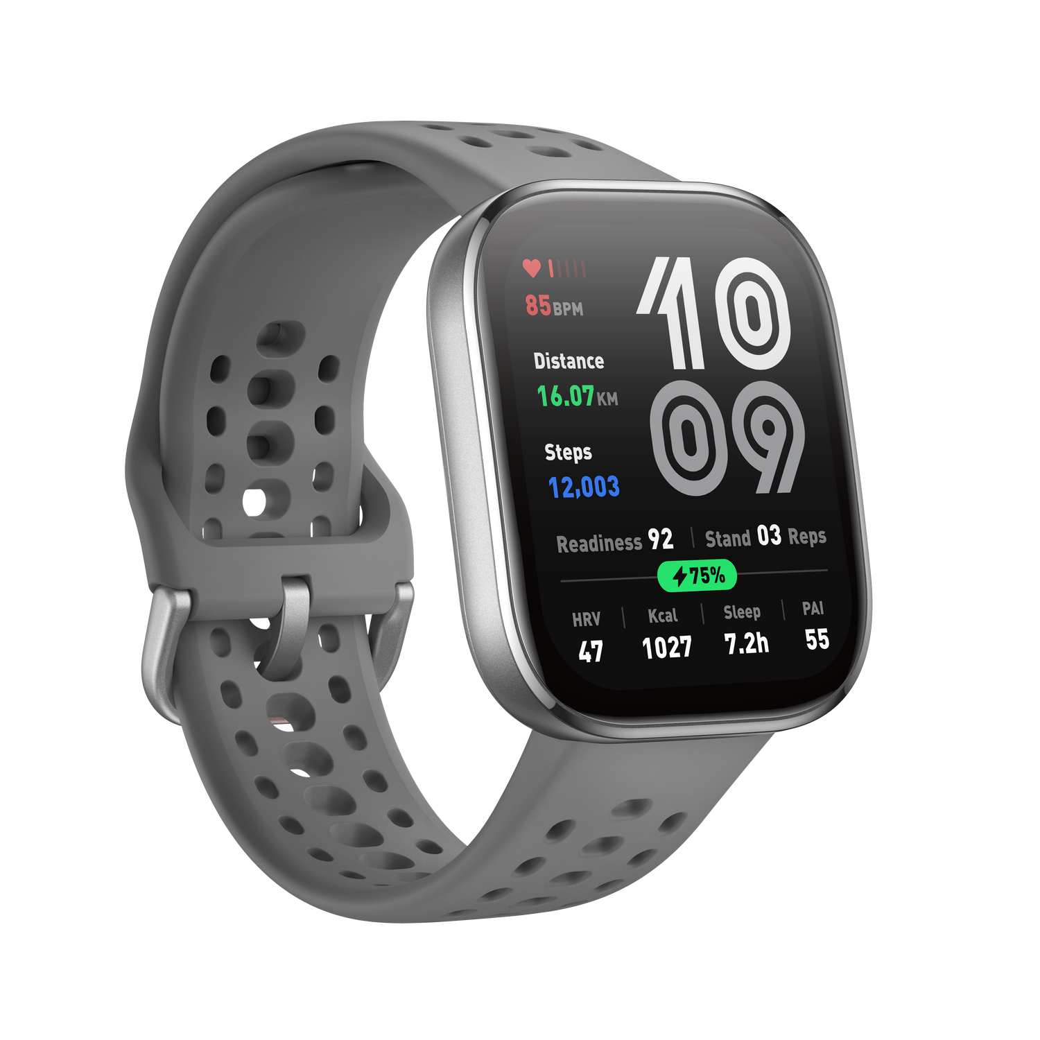 Smartwatch gris que muestra datos de salud, incluidos pasos y frecuencia cardíaca.