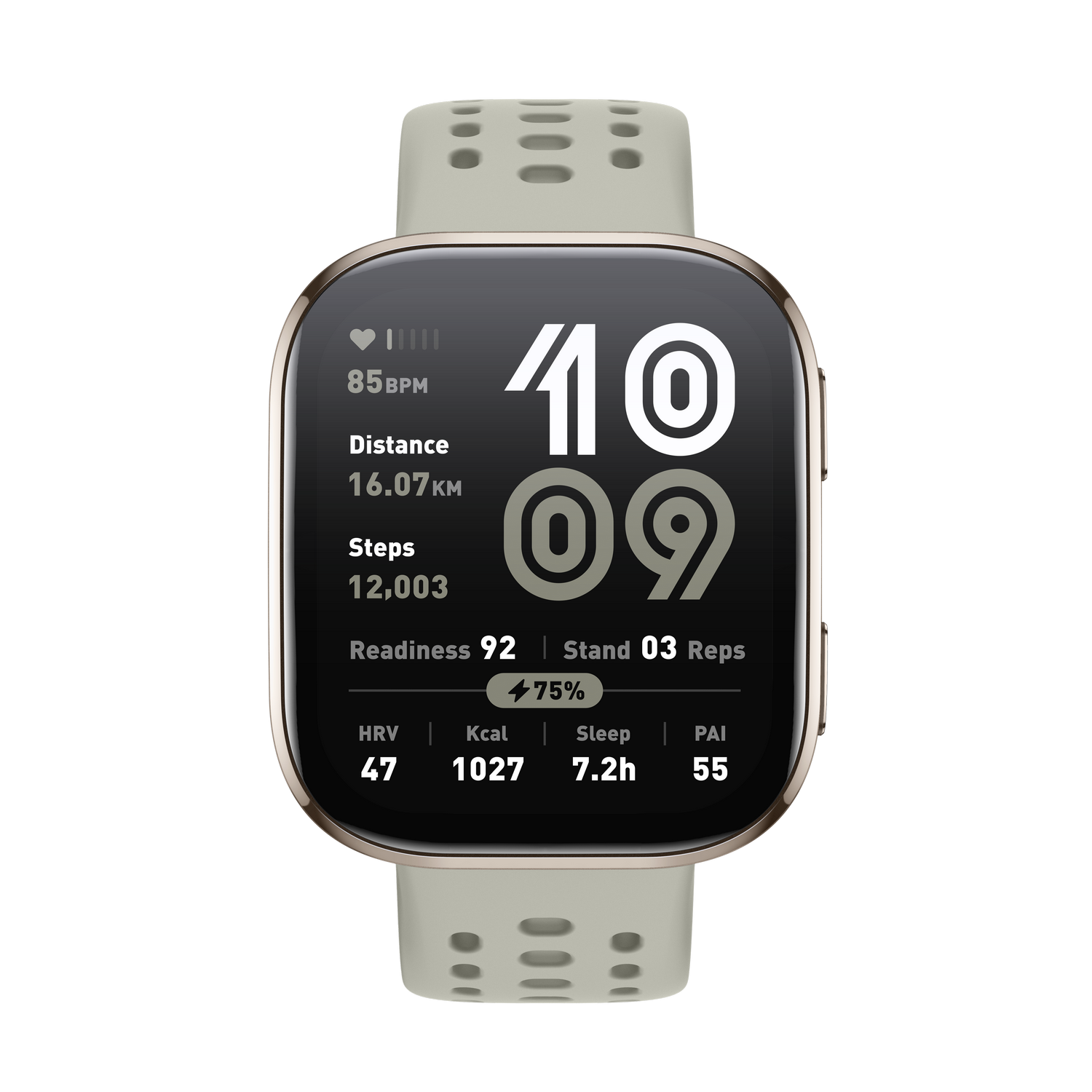 Reloj inteligente con pantalla que muestra la hora, frecuencia cardíaca, distancia, pasos y otros datos de salud.