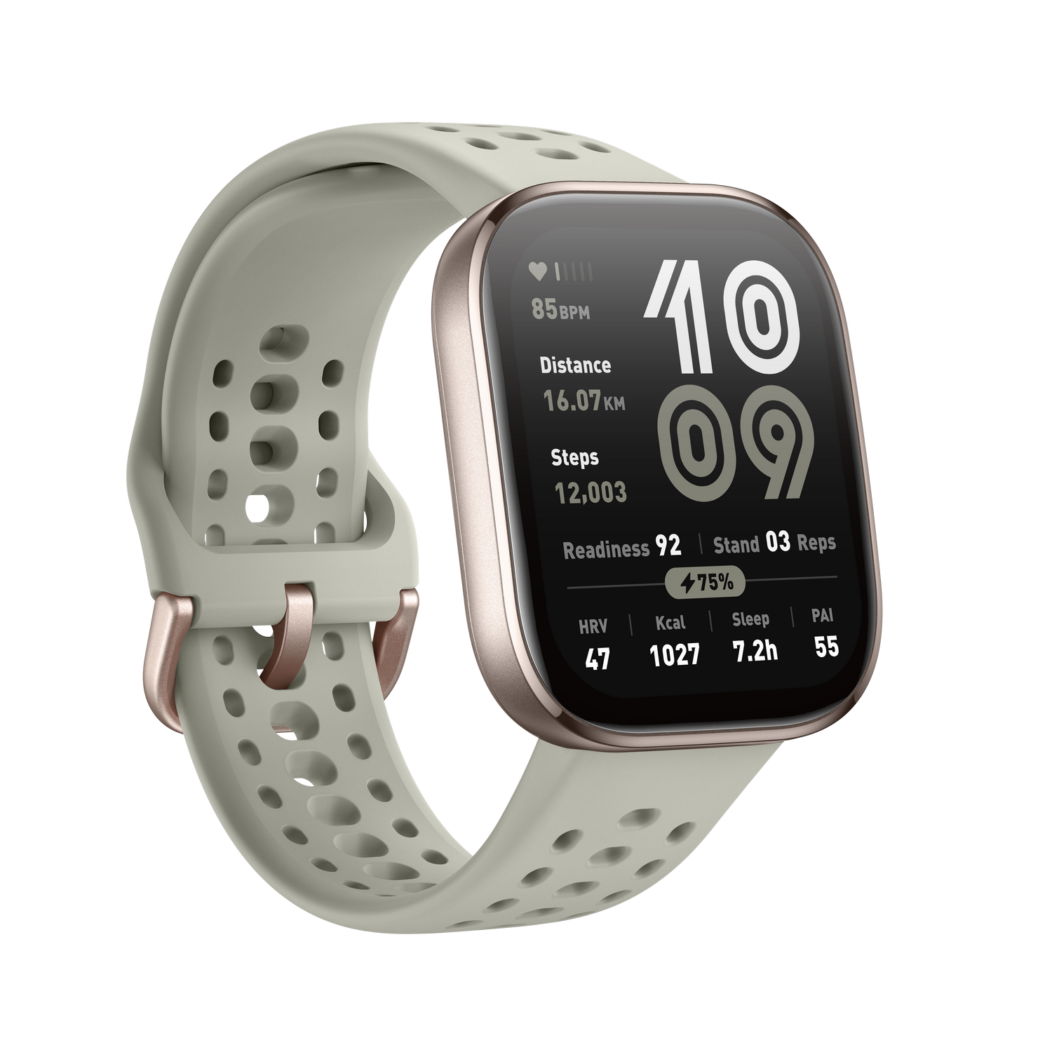 Smartwatch con correa gris, mostrando métricas de salud en su pantalla.