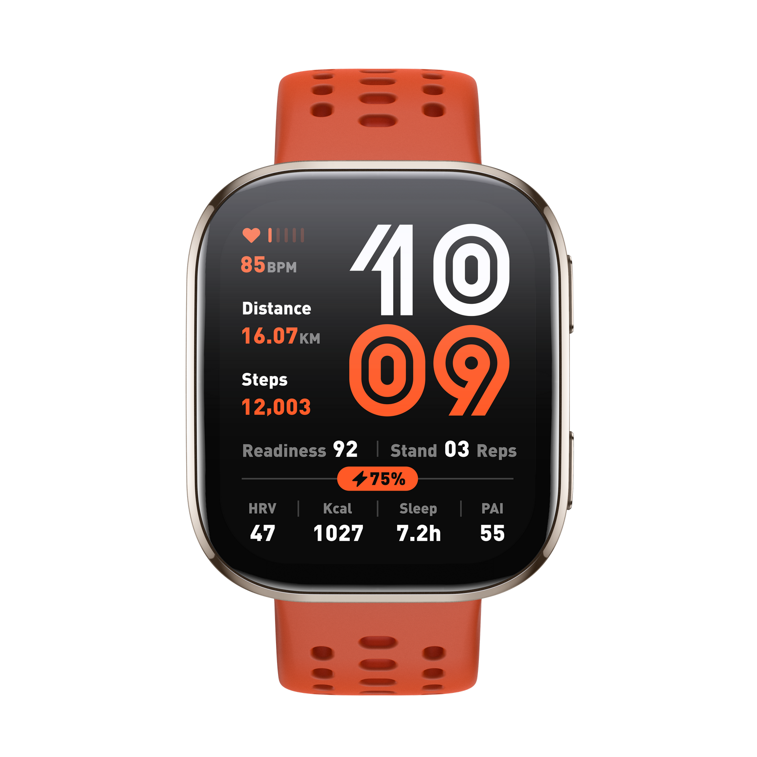 Un smartwatch muestra la hora, pasos, distancia y frecuencia cardíaca. Tiene una correa naranja y fondo negro.