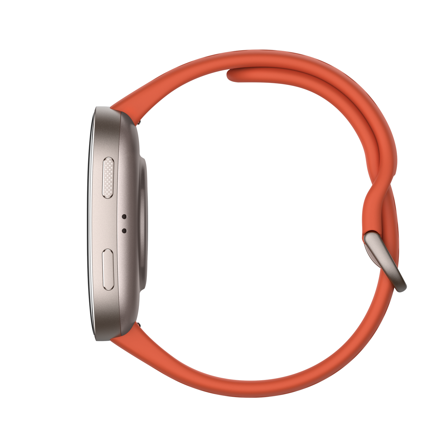 Vista lateral de un smartwatch naranja con marco y correa plateados.