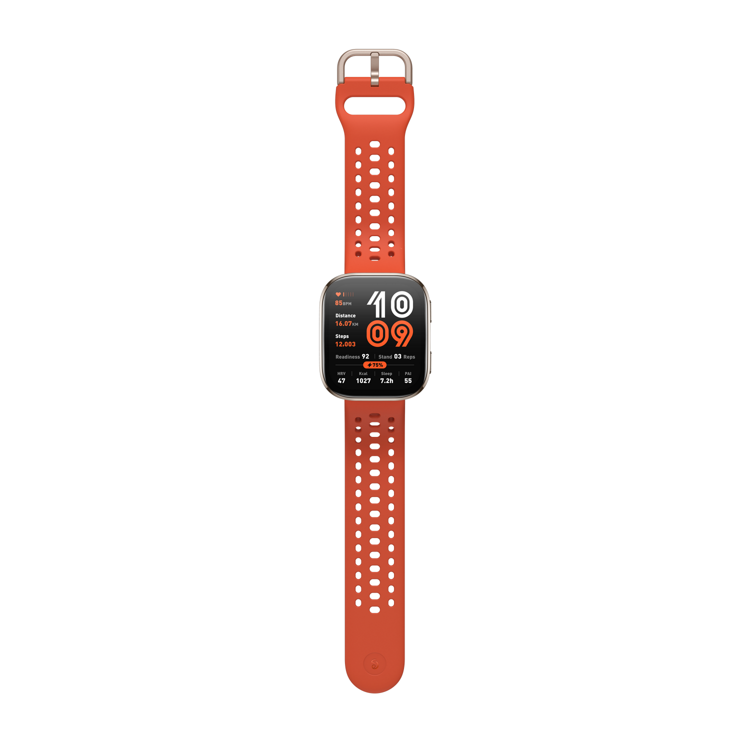 Un reloj inteligente con correa naranja sobre fondo negro. La esfera muestra datos de fitness.