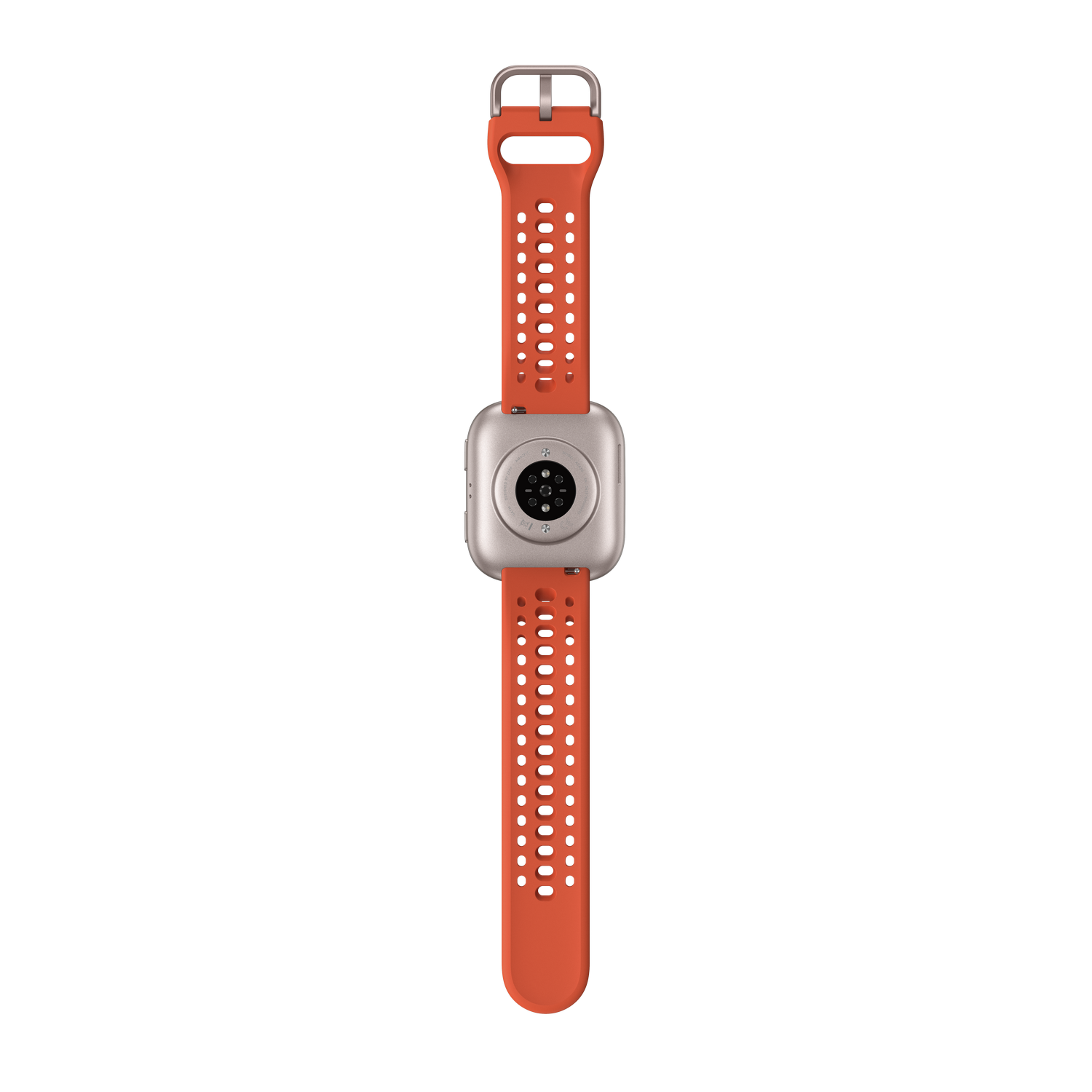 Smartwatch con correa naranja, vista desde atrás. Cuerpo plateado, sensor negro.