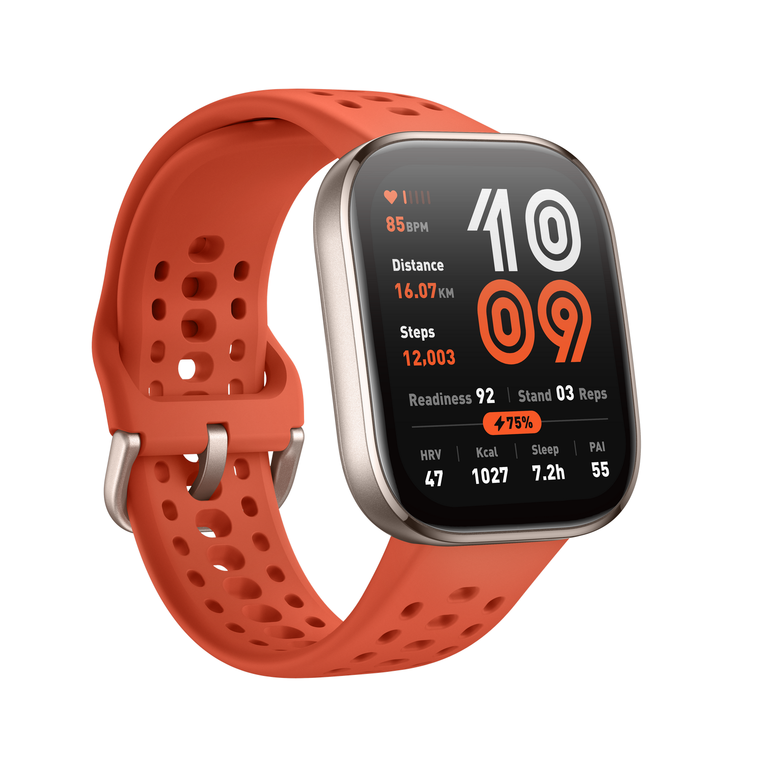 Smartwatch naranja que muestra la frecuencia cardíaca, la distancia, los pasos y otras métricas de fitness sobre fondo negro.