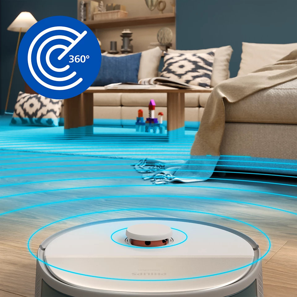 Egy robot porszívó egy fa padlón, egy 360°-os ikonnal.