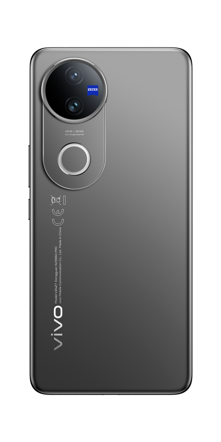Parte trasera de un teléfono gris con un módulo de cámara y el logotipo de Vivo. El fondo es negro.
