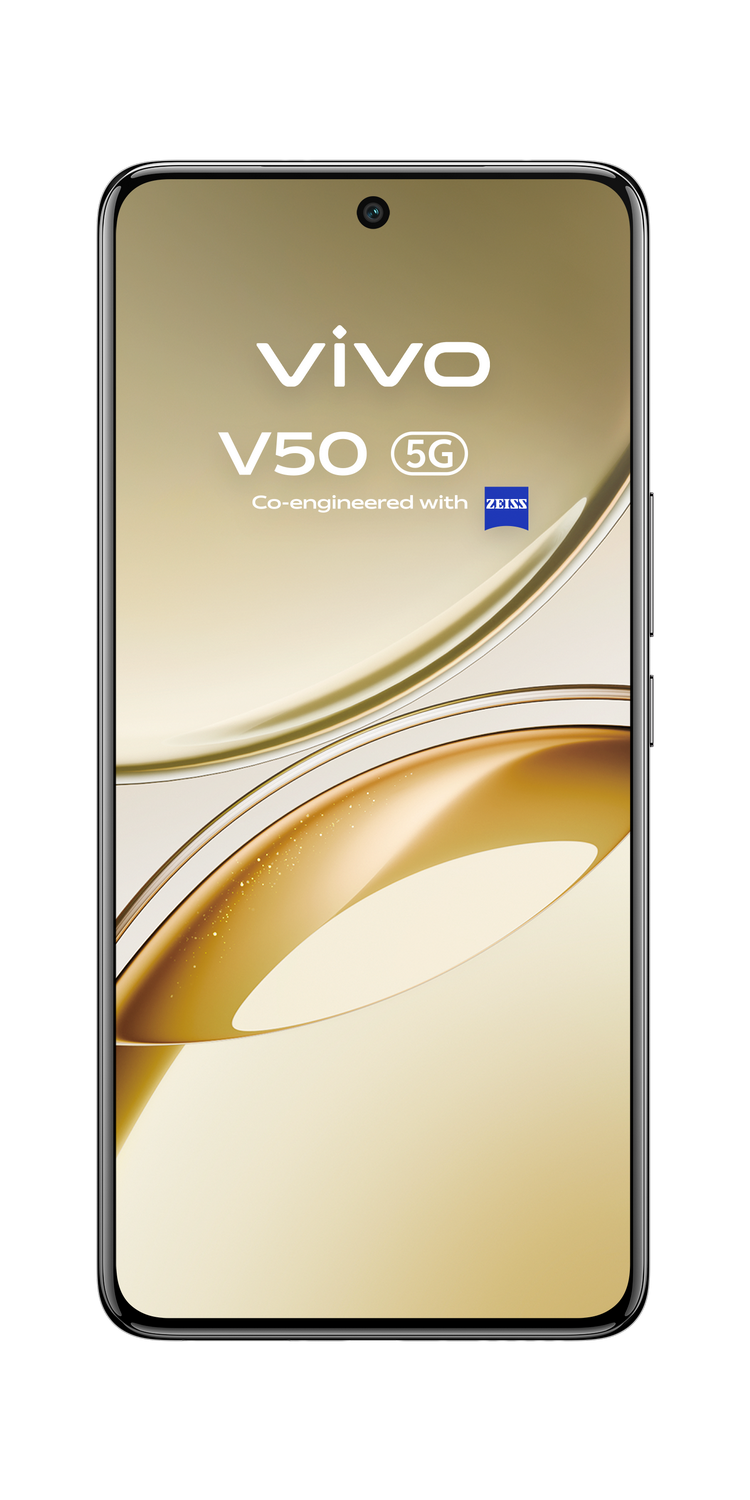 Teléfono Vivo V50 5G dorado y blanco, pantalla con gradientes dorados.