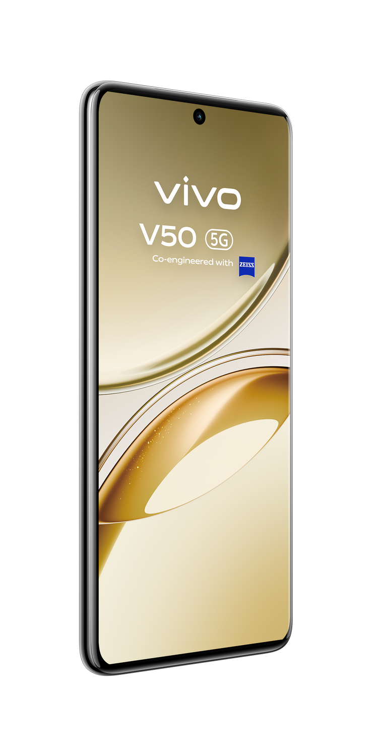 Teléfono Vivo V50 5G, vista lateral. Marco plateado, degradado dorado, pantalla negra y logotipo Vivo.
