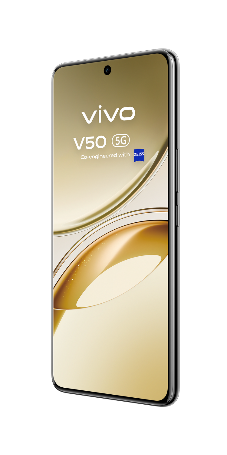 Un smartphone con pantalla dorada, bordes curvos y marco plateado sobre fondo negro.