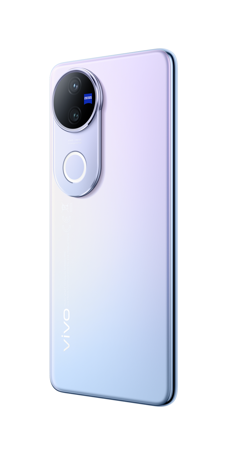 Smartphone blanco y morado con módulo de cámara trasera y sensor de huellas.