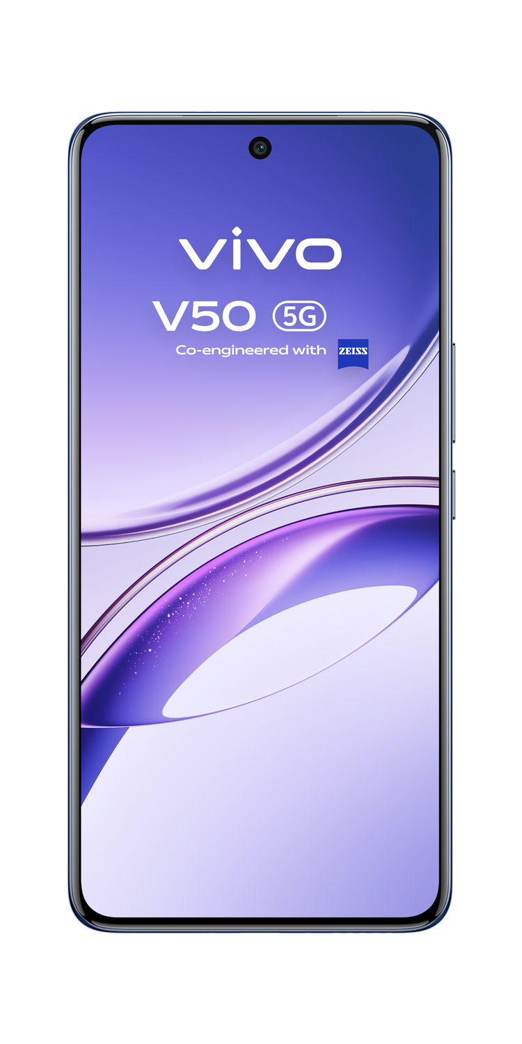 Un smartphone VIVO V50 5G sobre un fondo degradado púrpura.