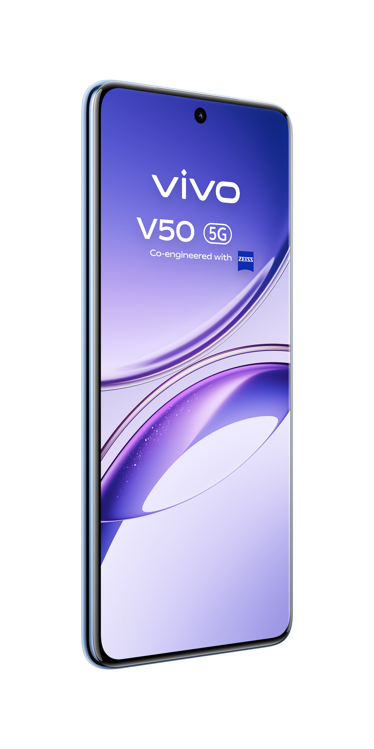 Un teléfono inteligente azul con una pantalla curva. El teléfono se muestra de perfil, con un fondo púrpura.